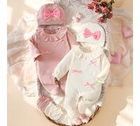 Ensemble automne pour bébé fille nouveau-né, lot de 6, style princesse mignon et amusant, barboteuse, célébration de la pleine lune et des 100 jours, baby shower, rose pâle et blanc cassé 6-9M,9-12M,0
