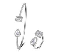 Ensemble Bague et Bracelet Ajustables for Femme, carrés et poires | Bijoux en oxyde de Zirconium ajouré | Coffret Cadeau Simple et empilable(Silver)