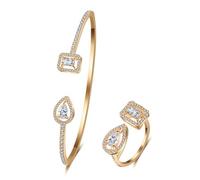 Ensemble Bague et Bracelet Ajustables for Femme, carrés et poires | Bijoux en oxyde de Zirconium ajouré | Coffret Cadeau Simple et empilable(Gold)