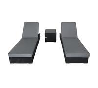 Ensemble Bains de Soleil Polyrotin Noir 3 Pièces Inclinable Table d'Appoint Lit de Repos Dossier Réglable 5 Positions Chaise Coussins Épais Meuble de Jardin Piscine Extérieur [Housse de Pluie INCLUS]