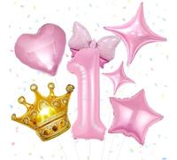 Ensemble Ballon Anniversaire 1 An, 7 Pièces Ballons Anniversaire Rose, Ballons Rose Étoile, Ballon en Forme de Cœur, Couronne Doré, Aluminium avec Nœud pour Enfant, Fête à Thème