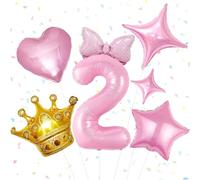 Ensemble Ballon Anniversaire 2 Ans, 7 Pièces Ballons Anniversaire Rose, Ballons Rose Étoile, Ballon en Forme de Cœur, Couronne Doré, Aluminium avec Nœud pour Enfant, Fête à Thème