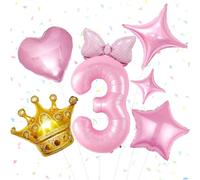 Ensemble Ballon Anniversaire 3 Ans, 7 Pièces Ballons Anniversaire Rose, Ballons Rose Étoile, Ballon en Forme de Cœur, Couronne Doré, Aluminium avec Nœud pour Enfant, Fête à Thème