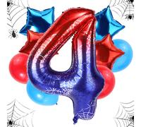 Ensemble Ballons d'Anniversaire l'Araignée, Toile d'Araignée Géante Aluminium 120cm 4pcs Étoiles et 4pcs Ballons Ronds Rouges Bleus Décorations Cadeaux Fête d'Anniversaire Animé(Numéro 4)