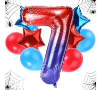 Ensemble Ballons d'Anniversaire l'Araignée, Toile d'Araignée Géante Aluminium 120cm 4pcs Étoiles et 4pcs Ballons Ronds Rouges Bleus Décorations Cadeaux Fête d'Anniversaire Animé(Numéro 7)