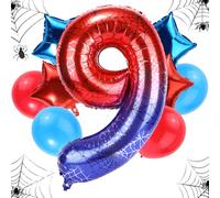Ensemble Ballons d'Anniversaire l'Araignée, Toile d'Araignée Géante Aluminium 120cm 4pcs Étoiles et 4pcs Ballons Ronds Rouges Bleus Décorations Cadeaux Fête d'Anniversaire Animé(Numéro 9)