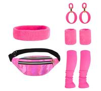 Ensemble banane rétro des années 80 avec boucles d'oreilles, bracelet, jambières, bandeau et sac banane inspiré des vêtements de sport, rose vif
