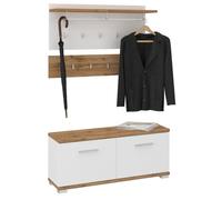 Ensemble banc de rangement à chaussures et porte manteau mural VIELLA en mélaminé couleur chêne wotan et blanc