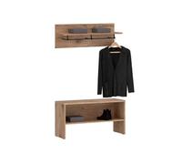 Ensemble banc de rangement à chaussures et portemanteau mural HERA, Avec tringle en métal, Coloris chêne