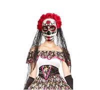 Ensemble bandeau et masque Jour des morts avec dentelle noire et voile de rose Dia de Los Muertos Masque Halloween Costume mexicain Fleur Headwear