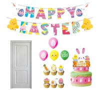 Ensemble bannière et décoration de gâteau Happy Easter Bunny - Kit complet de fournitures pour fête de Pâques | Toile de suspendue de haute qualité et décorations d'oreilles de lapin | Cadeaux et
