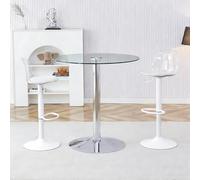 Ensemble Bar Flexible, Table en Verre 89 cm + 2 Tabourets Métalliques Blancs, Hauteur Réglable, Pivotant À 360°, Design Moderne, Idéal pour Bureau Et Maison