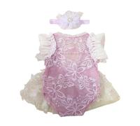 Ensemble barboteuse en dentelle pour nouveau-né fille avec bandeau floral en tissu tricoté doux pour 0 à 1 mois, cadeau de fête prénatale, accessoires photo, ensemble de séance photo en dentelle pour