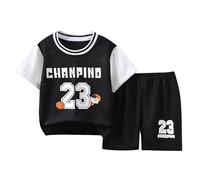 Ensemble Basket Enfant Garcon 1-12 Ans ete Patchwork t-Shirts à Manches Courtes Fille Sport Vetement Enfant Garcon Sportwear Haut Shorts et Bermuda Doux Loungewear Tenue 2 (Black, 3-4 Ans)