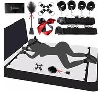 Ensemble BDSM avec 9 pièces,ensembles de lit SM, fouet en plumes d'autruche et masque pour les yeux en satin, menottes, menottes aux chevilles,Sex Bondage Set，chambre à coucher Couples Jeux sexuels
