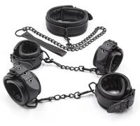Ensemble BDSM avec Collier, Menottes de Poignets et de Chevilles, Kit de Contention Rembourré Aspect Cuir, Accessoires de Jeu de Rôle Réglables pour Adultes (A)