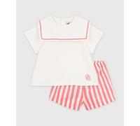 Ensemble bébé 2 pièces en coton/lin, haut col marin Petit Bateau - rose - Taille 18 mois 18M rose/blanc