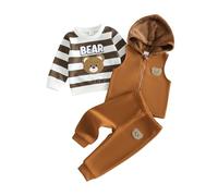 Ensemble Bébé 3 Pièces Hiver Automne Chaud Sweat Gilet Capuche Pantalon | Vêtement 3 pièces pour bébé garçon brodé d'ours tenue hiver gilet zippé chaud sweatshirt pantalon jogger