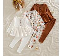 Ensemble bébé 3 pièces: Imprimé floral tout-sur-tout + Top à col ras-du-cou côtelé unicolore + Pantalon slim 6-9M,9-12M,12-18M,18-24M,2-3YPlantesPolyester