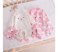 Ensemble bébé de 3 pièces comprenant un bonnet à oreilles d'ours duveteux imprimé abricot et rose, des gants et un body, tenue de détente pour nourrisson 6-9M,0-1M,1-3M,3-6MCartoonFlanelle,Polyester