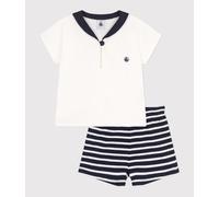 Ensemble bébé deux pièces en coton, tee-shirt col vareuse Petit Bateau - bleu - Taille 6 mois 6M bleu/blanc