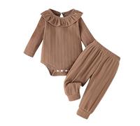 ensemble bebe fille 0 18 mois automne doux body bebe fille manche longue uni combinaison col rond volants decontracte printemps et pantalon tenue vetement bebe naissance mode (Coffee, 3-6 mois)