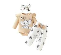 Ensemble Bébé Fille 0-18 Mois Mignon Papillon 3 Pièces - Vêtement Hiver Automne Tenue Habits - Body Manche Longue Volant Éléphant Imprimé Barboteuse + Pantalon (White, 0-3 Months)