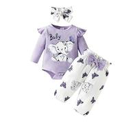 Ensemble Bebe Fille 0-18 Mois Mignon Papillon Vetement Bebe Fille Hiver Automne Tenue Habits 3 pièces Body Bebe Fille Manche Longue Volant éléphant imprimé Barboteuse + Pantalon (Purple, 6-9 Months)