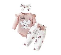 Ensemble Bebe Fille 0-18 Mois Mignon Papillon Vetement Bebe Fille Hiver Automne Tenue Habits 3 pièces Body Bebe Fille Manche Longue Volant éléphant imprimé Barboteuse + Pantalon + (Red, 3-6 Months)