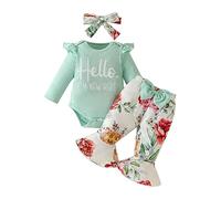 Ensemble Bebe Fille 0-18 Mois Mignon Papillon Vetement Bebe Fille Hiver Automne Tenue Habits 3 Pièces Body Bebe Fille Manche Longue Volant éléphant Imprimé Barboteuse + Pantalon + Bandeau (C-Green, 6)
