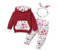 Ensemble Bebe Fille 0-24 Mois Fleur imprimé 3 pièces Sweat Capuche Fille Poche Manche Longue Automne + Pantalons Enfant + Bandeau bébé Fille Vetements Habits Tenue Fille Doux (Red, 12-18 Months)