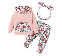 Ensemble Bebe Fille 0-24 Mois Fleur imprimé 3 pièces Sweat Capuche Fille Poche Manche Longue Automne + Pantalons Enfant + Bandeau bébé Fille Vetements Habits Tenue Fille Doux (Pink, 9-12 Months)