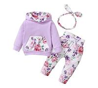 Ensemble Bebe Fille 0-24 Mois Fleur imprimé 3 pièces Sweat Capuche Fille Poche Manche Longue Automne + Pantalons Enfant + Bandeau bébé Fille Vetements Habits Tenue Fille Doux (Purple, 3-6 Months)