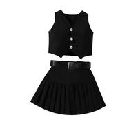 Ensemble Bebe Fille 1-6 Ans ete a la Mode Gilet fill col v Haut Tops sans Manches Boutons + Jupe plissée Enfant Fille avec Ceinture uni Tenue Habits Vetement Bebe Fille Pas Cher (Black, 2-3 Years)