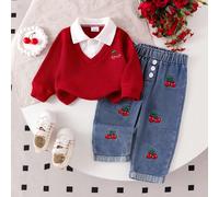 Ensemble bébé fille 2 pièces - Top avec col chemise blocs de couleurs avec broderie de cerises et ensemble jean avec poignets à boutons décoratifs avec broderie de cerises, mode 6-9M,9-12M,12-18M,18-2