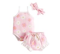Ensemble Bebe Fille 3 Pieces Ete sans Manches Combinaison Volants Cotes Imprime Fleur Short Bandeau Tenue(6-12 Months)