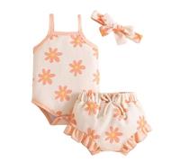 Ensemble Bebe Fille 3 Pieces Ete sans Manches Combinaison Volants Cotes Imprime Fleur Short Bandeau Tenue(Orange, 12-18 Months)
