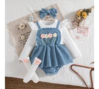 Ensemble bébé fille automne/hiver mignon comprenant body en tricot à fleurs patchwork bleu, chaussettes à fleurs et bandeau bleu 6-9M,9-12M,12-18M,18-24M,1-3M,3-6MBlocs de couleur,PlantesTissu tissé,T