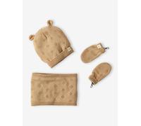 Ensemble bébé fille bonnet à oreilles + snood + moufles en maille ajourée beige chiné 3/6M(60/67)