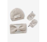 Ensemble bébé fille bonnet + snood + moufles noeuds écru 12/18M(74/81)