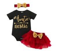 Ensemble Bebe Fille Ete 3 Pieces Haut Manches Courtes Imprime Lettre Body Resille Triangle Bandeau Noeud Papillon Or(Red, 6-9 Months)