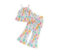 Ensemble Bébé Fille Été Haut Dos Nu Volants Feuilles Et Pantalon Évasé Imprimé Petite Fleur Dopamine Deux Pièces Coloré(Multicolour, 4-5 Years)