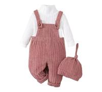 Ensemble Bébé Fille Haut en Maille Brossée+Salopette + Chapeau Tenues | Enfants 6 Mois-3 Ans Tenues d'Automne-Hiver,Vêtements Chauds et Doux,Couleur Unie Maille Top +Pantalon à Bretelles de Noël