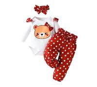 ensemble bebe fille naissance 0-18 mois body bebe fille manche longue volants ours imprime avec noeud combinaison printemps + pantalon à pois + bandeau tenue vetement bebe fille (White, 6-9 Months)