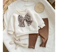 Ensemble bébé fille nouveau-né mignon et décontracté, pull à manches longues en tricot beige avec nœud décoratif et pantalon à taille élastique épaissi, adapté pour l'automne/l'hiver 6-9M,0-1M,1-3M,3-