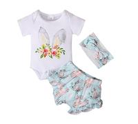 Ensemble Bébé Fille Pâques Combinaison Manches Courtes Imprimé Lapin Pompon Bas avec Serre Tête Trois Pièces Vêtement Enfant Style Européen Été(White, 3-6 Months)