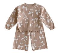 Ensemble Bébé Fille Tricot Jacquard Sweatshirt Et Pull avec Détail Nœud Pantalon Long Deux Pièces Tenue pour Tout Petit Adapté(Beige, 3-4 Years)