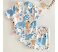 Ensemble bébé garçon 2 pièces d'été, dinosaure mignon de dessin animé, imprimé floral et feuille, tissu doux et confortable ignifuge, ensemble cardigan col polo décontracté et short 6-9M,9-12M,12-18M,