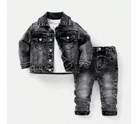 Ensemble bébé garçon 2 pièces : Veste en jean noir délavé à la pierre avec col cranté et manches longues + Jean skinny stretch à revers, pour un look casual et . Tenue polyvalente pour les sorties d'a