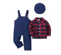 Ensemble Bébé Garçon Chemise à Carreaux+ Salopette en Velours Côtelé+Béret